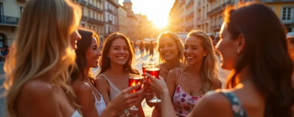 Groupe d'amies célébrant un EVJF à Madrid avec vue sur des lieux emblématiques et ambiance festive