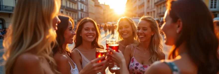 Groupe d'amies célébrant un EVJF à Madrid avec vue sur des lieux emblématiques et ambiance festive