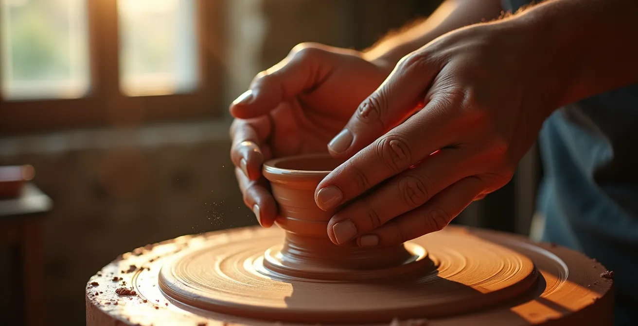 Mains d'artisan travaillant l'argile dans un atelier baigné de lumière méditerranéenne