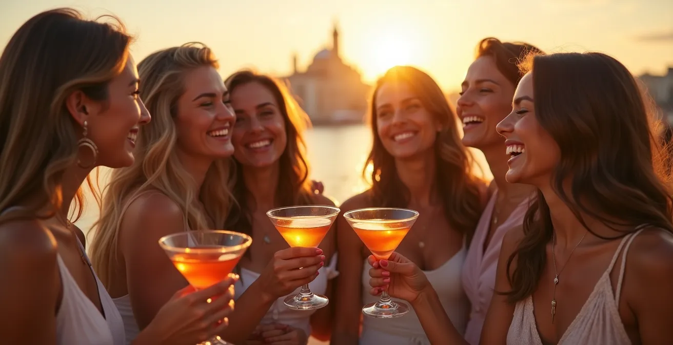 Groupe d'amies célébrant sur un rooftop de Palma au coucher du soleil